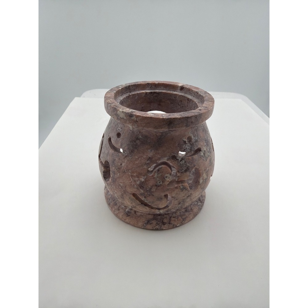 Pink Soapstone Oil Burner Tea Light Holder Moon Star Carved Stone - Picture 2 of 6